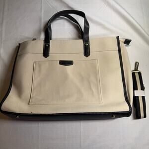 Missnine Beige Canvas Tote Bag with Black Trim & Strap | Laptop Work Travel Bag